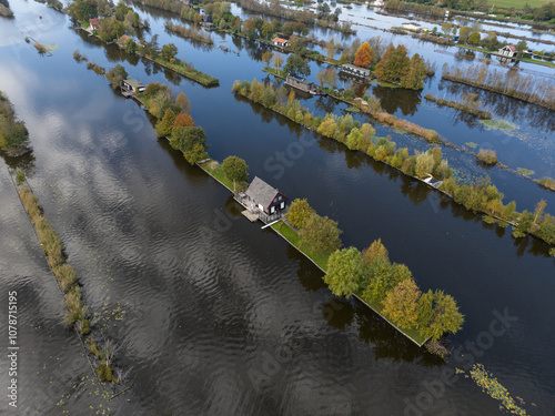 loosdrechtse plassen, water village, house on water, nature of The Netherlands. Breukelen, Scheendijk, aerial drone view. photo