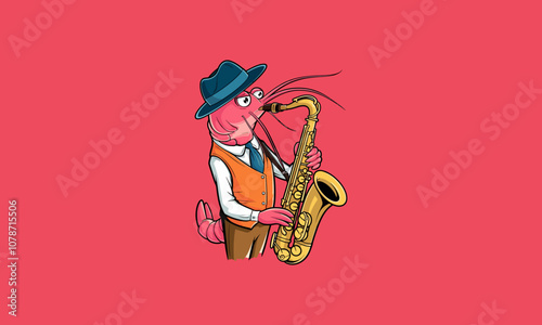 Jazz shrimp character playing saxophone with cool style