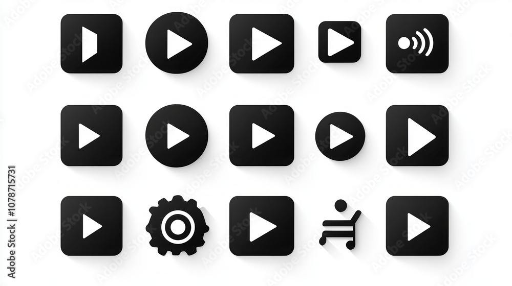 A collection of 15 black play button icons with shadows on a white background. A collection of 15 black play button icons with shadows on a white background.