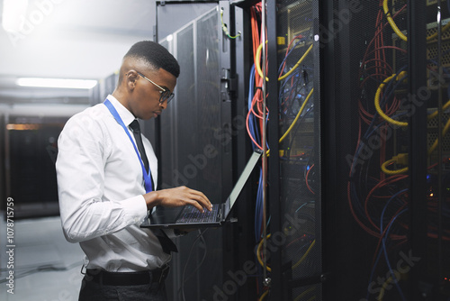 Black man, engineer and server room with laptop for network repair, hardware or storage at data center. Male person, IT technician and computer for technical issue, internet service or system backup photo