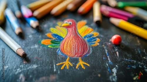 A colorful drawing of a turkey with colored pencils scattered around it on a black surface. photo