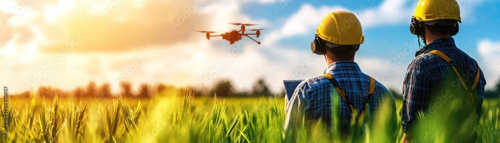 Workers monitor a drone flying over lush green fields during golden hour. Workers monitor a drone flying over lush green fields during golden hour.