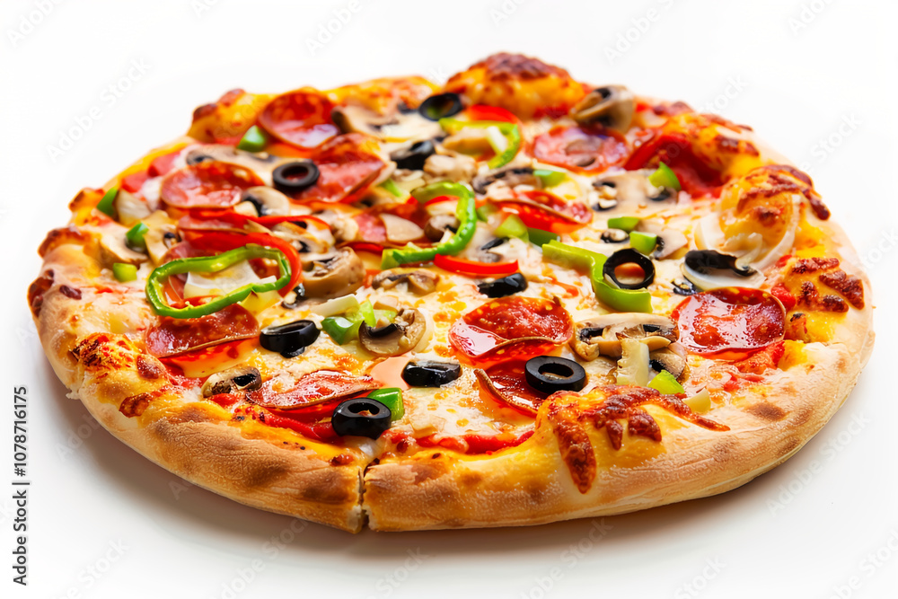 Cheesy pizza with vibrant toppings including peppers, olives, and mushrooms on white background. Cheesy pizza with vibrant toppings including peppers, olives, and mushrooms on white background.