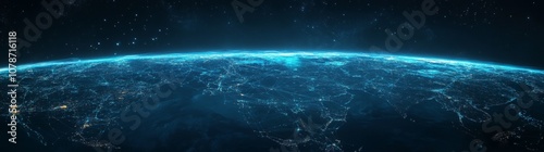 Abstract global network concept with a planet Earth made of glowing particles and lines on a dark blue background	
