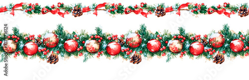 Watercolor horizontal beautiful festive christmas ornament garland, covered with snow on transparent background
