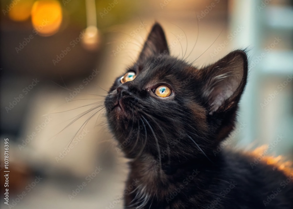 Captivating Macro Shot of a Black Kitten Gazing Upward with Glimmering Eyes in a Soft Focus Background, Emphasizing Its Curiosity and Playful Nature in a Cozy Setting Captivating Macro Shot of a Black Kitten Gazing Upward with Glimmering Eyes in a Soft Focus Background, Emphasizing Its Curiosity and Playful Nature in a Cozy Setting