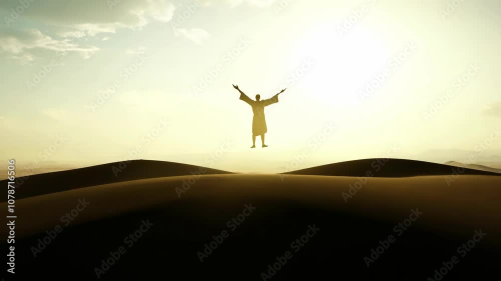 A figure celebrates triumph on a sand dune at sunset in a serene desert landscape