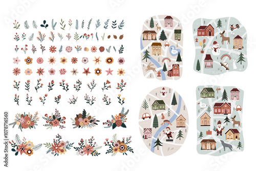 Flower collection with leaves, flower bouquets и Christmas map creator hand drawn. Vector flowers. Spring art print with botanical elements in hand drawn style. Cute illustration in cartoon style