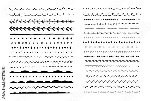 Vector illustration big Set of abstract curved scribble lines. Waves, dots, hills, branches