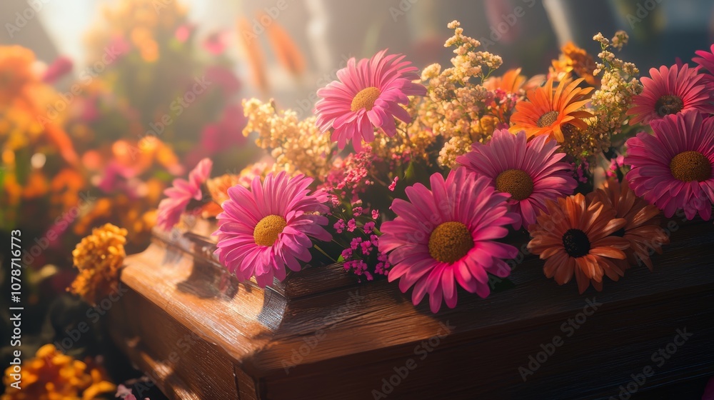 Flowers on Brown Wooden Coffin in Church with Soft Light Warm Atmosphere Flowers on Brown Wooden Coffin in Church with Soft Light Warm Atmosphere