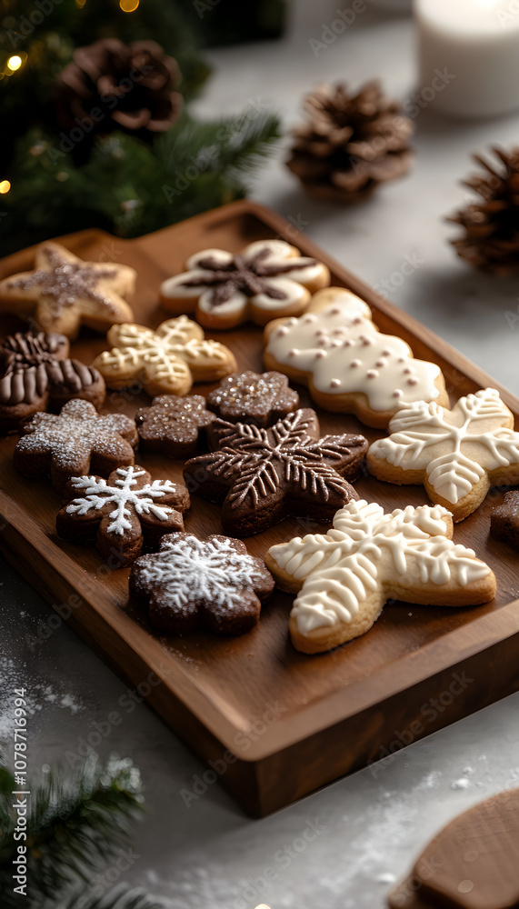 Fototapeta premium A delicious assortment of Christmas cookies on a rustic wooden table, dusted with powdered sugar, perfect for holiday baking themes and festive gatherings.