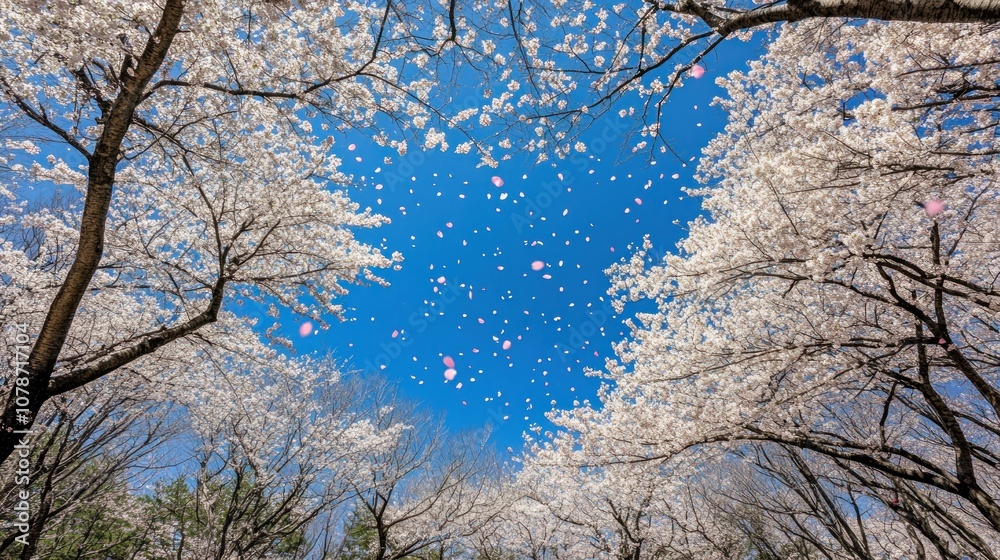 Fototapeta premium A serene view of cherry blossoms against a bright blue sky, creating a tranquil atmosphere.