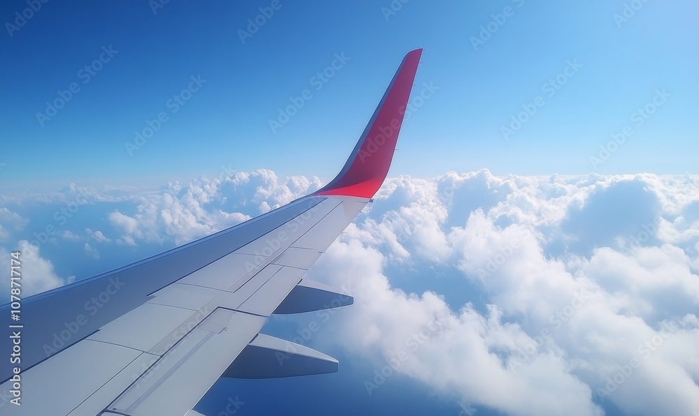 Fototapeta premium Airplane wing against in sky background, a travel concept
