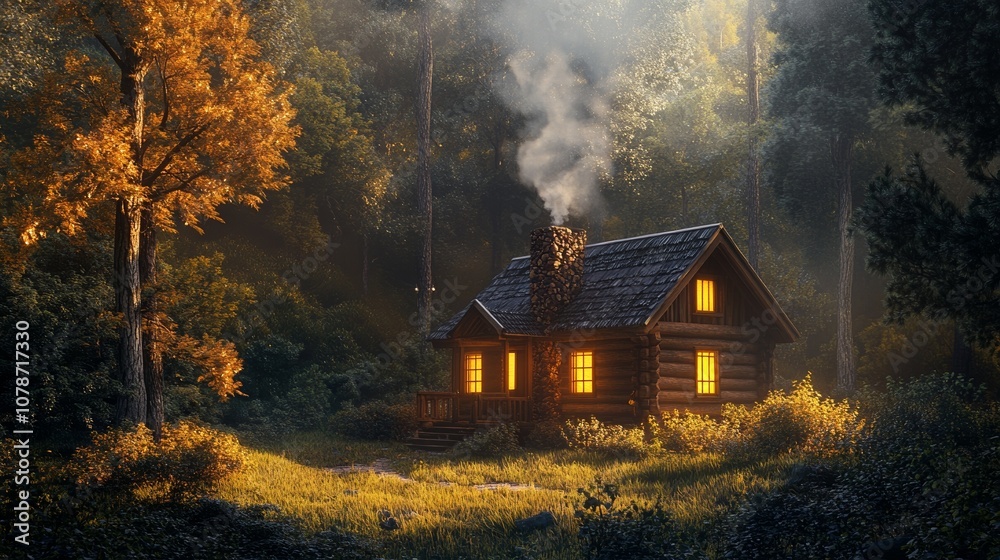 Cozy Cabin in the Woods with Warm Lights at Dusk Cozy Cabin in the Woods with Warm Lights at Dusk