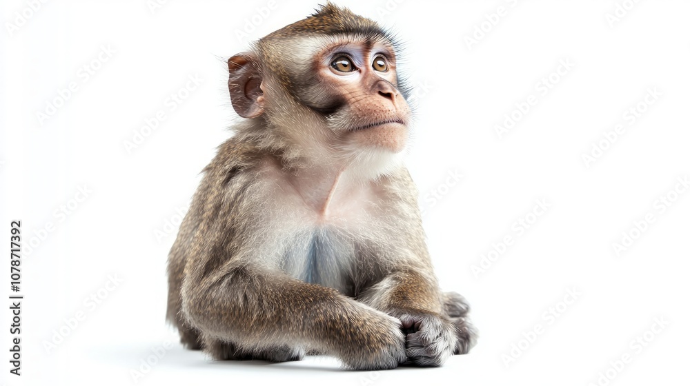 A curious monkey sits on a white background, looking up and to the left. A curious monkey sits on a white background, looking up and to the left.