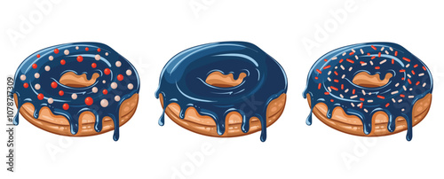 Festive donuts with glossy blue glaze and decorated with red and white sprinkles as flag colors. Vector isolated image. Glazed doughnuts for cafe decoration or holiday menu design.
