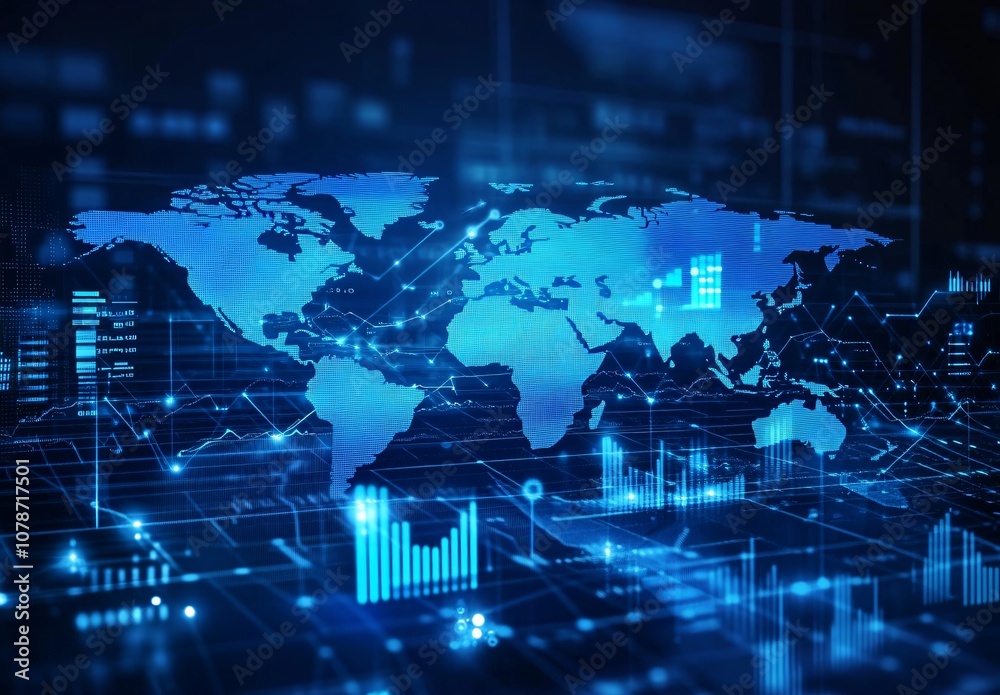 Obraz premium Futuristic Digital World Map with Data Charts