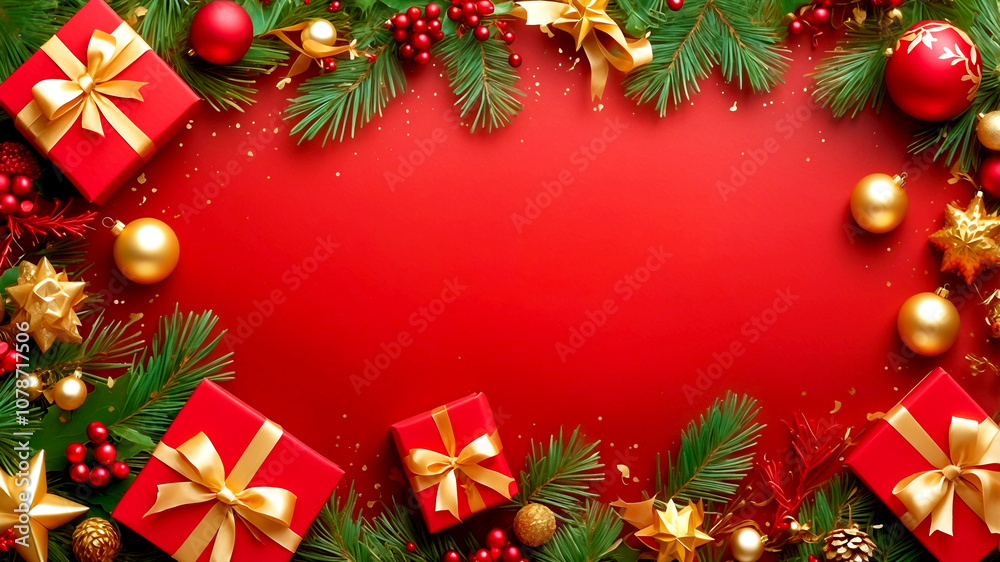 Merry Christmas and Happy New Year rich red background design with christmas tree spruce branch golden christmas ball snowflake sparkling lights confetti frame
Merry Christmas and Happy New Year rich red background design with christmas tree spruce branch golden christmas ball snowflake sparkling lights confetti frame