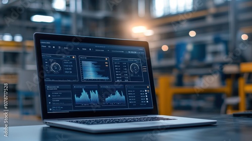 Inventory management order tracking concept. A modern laptop displaying complex data analysis in a vibrant industrial workspace.