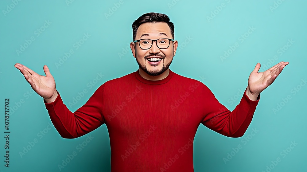 Engaging smiles a man in a red sweater spreads joy with open arms against a vibrant background Engaging smiles a man in a red sweater spreads joy with open arms against a vibrant background