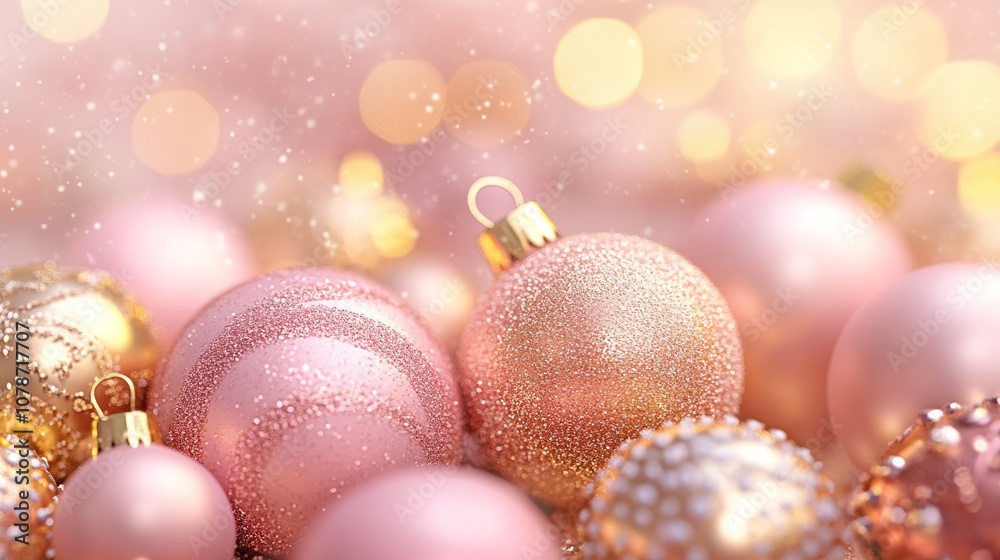 Pastel Pink and Gold Christmas Ornaments with Sparkling Bokeh on Soft Background Pastel Pink and Gold Christmas Ornaments with Sparkling Bokeh on Soft Background