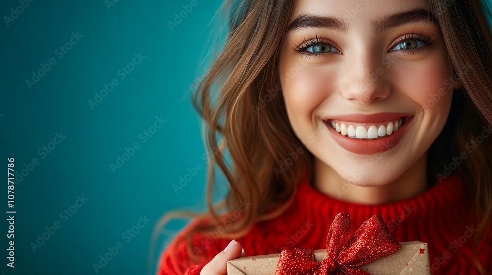 Close-Up of Smiling Young Woman in Red Sweater Against Blue Background Close-Up of Smiling Young Woman in Red Sweater Against Blue Background