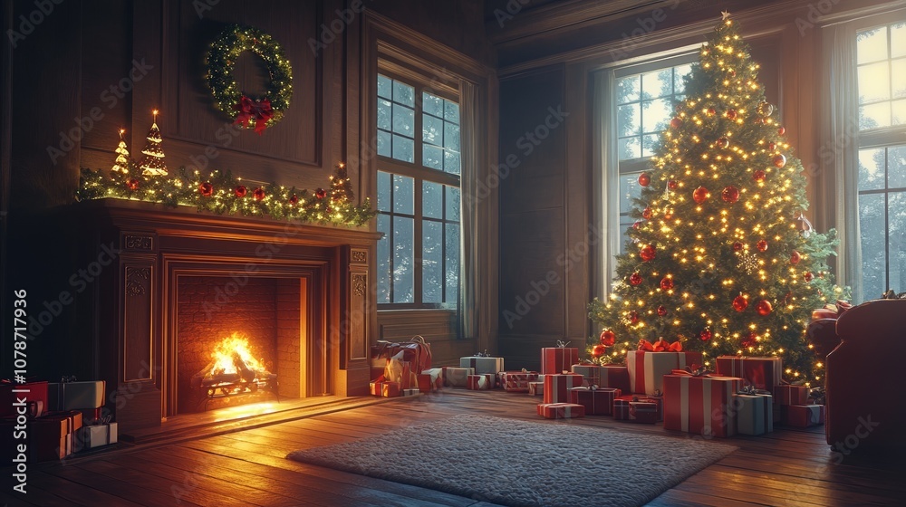 Interior Living Room with Lit Fireplace and Decorated Christmas Tree Interior Living Room with Lit Fireplace and Decorated Christmas Tree