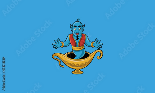 Friendly genie emerging from a magic lamp, arms open