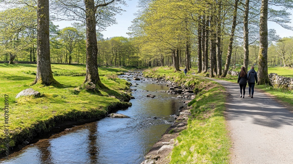 Fototapeta premium A serene riverside path with people walking among trees and greenery.