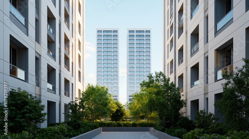 Highefficiency buildings surrounded by public plazas, solarpowered lights and urban trees cooling the space, wideangle capture photo