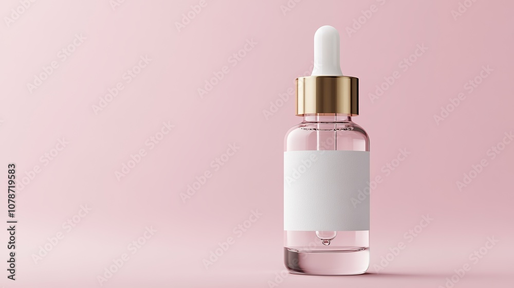 Glass Dropper Bottle With Skincare Serum on Reflective Surface Against Soft Pastel Background Glass Dropper Bottle With Skincare Serum on Reflective Surface Against Soft Pastel Background