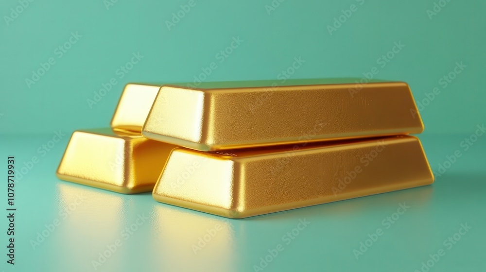 A vibrant image of three gleaming gold bars stacked against a teal background. A vibrant image of three gleaming gold bars stacked against a teal background.