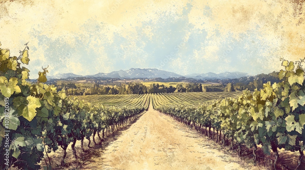 Fototapeta premium A dirt road leads through a vineyard with rows of grapevines on either side, extending into a valley with rolling hills and a blue sky with white clouds in the background. 