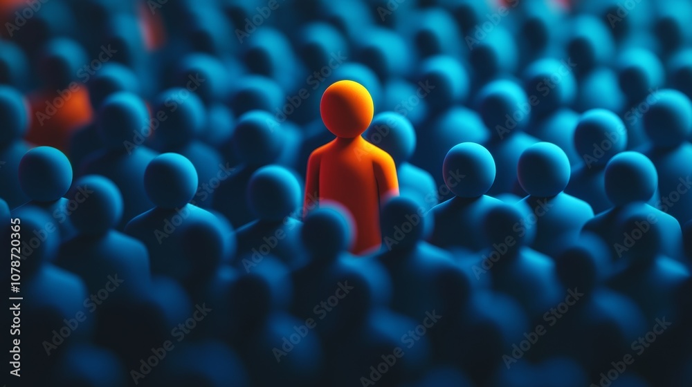 Obraz premium Unique Individual Standing Out in Crowd Symbolized by Glowing Yellow Figure Among Blue Mass