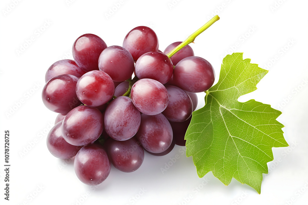 Fototapeta premium Red grape cluster with leaves isolated on white background.