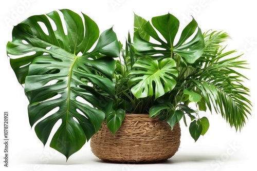 Green leaves of tropical plants bush (Monstera, palm, rubber plant, pine, bird’s nest fern) floral arrangement indoors garden nature backdrop isolated on white background thailand, clipping path.