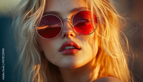 Blonde Woman with Round Red Sunglasses Posing in Bright Sunlight