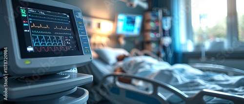 An up-close view of an active heart rate monitor in a hospital room featuring cutting-edge medical technology and a hazy patient bed with space, Generative AI.
