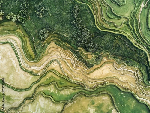 Aerial View of Rice Terraces in Green and Brown Tones