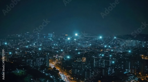 Wallpaper Mural A nighttime cityscape with glowing lights and a network of connecting lines, symbolizing communication and technology. Torontodigital.ca