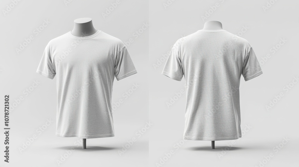 A plain white T-shirt displayed on a mannequin stand, showcasing both the front and back, ideal for design presentations or product advertising in a neutral setting. A plain white T-shirt displayed on a mannequin stand, showcasing both the front and back, ideal for design presentations or product advertising in a neutral setting.