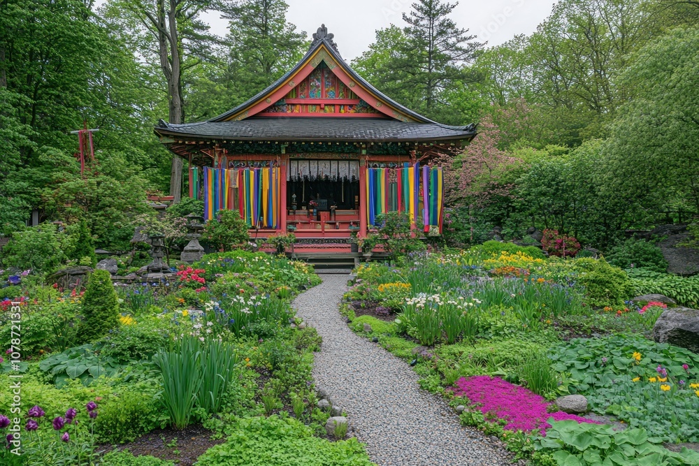 A vibrant garden surrounds a traditional building, showcasing nature and tranquility. A vibrant garden surrounds a traditional building, showcasing nature and tranquility.