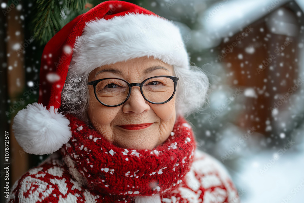 elderly Missis Santa Claus wearing glasses on a cozy snowy cabin yard background, wearing a Christmas cozy outfit and looking at the camera smiling, with copy space for text, a closeup portrait elderly Missis Santa Claus wearing glasses on a cozy snowy cabin yard background, wearing a Christmas cozy outfit and looking at the camera smiling, with copy space for text, a closeup portrait