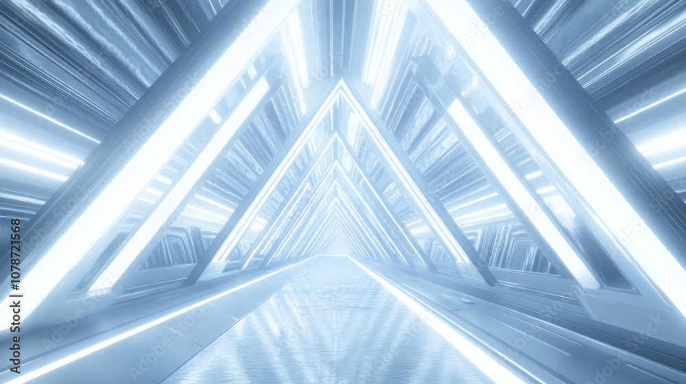 A futuristic tunnel with white neon lights and a reflective floor, creating a symmetrical and abstract design.