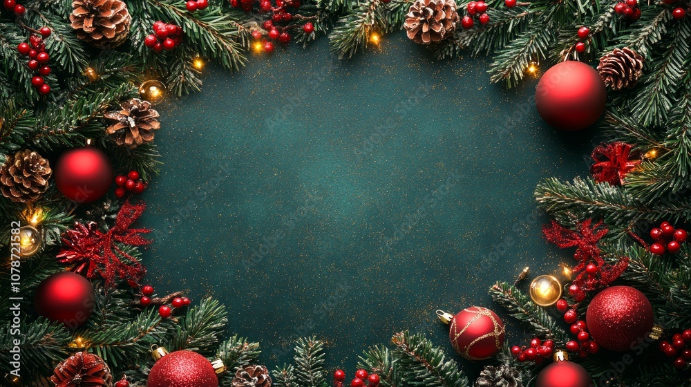 A festive Christmas frame made of pine branches, red ornaments, and pine cones on a teal background with lights. A festive Christmas frame made of pine branches, red ornaments, and pine cones on a teal background with lights.