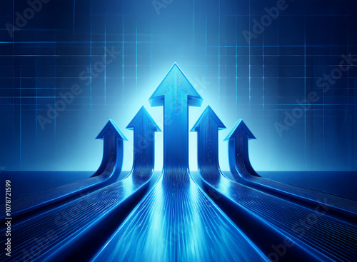 A row of blue, metallic arrows pointing upward in front of a glowing blue background with a grid pattern.