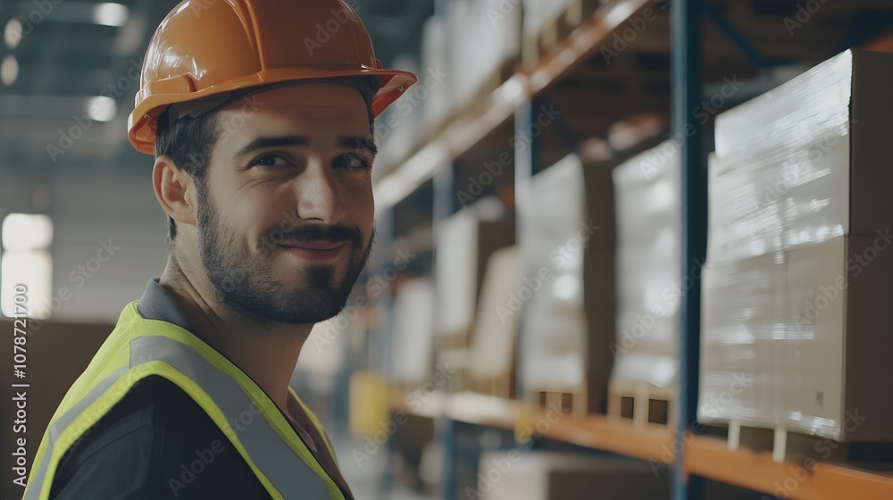 Fototapeta premium Smiling warehouse worker in hardhat looks over his shoulder.