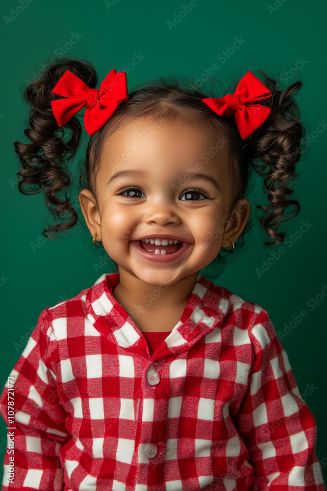 happy ,laughing , mixed-race toddler girl with pigtails and bows, laughing and wearing a christmas red checkered pajama , hair in pigtails with red bows, isolated against a emerald green background happy ,laughing , mixed-race toddler girl with pigtails and bows, laughing and wearing a christmas red checkered pajama , hair in pigtails with red bows, isolated against a emerald green background