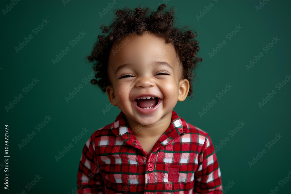 happy ,laughing , mixed race toddler boy , laughing and wearing a christmas red checkered pajama , ,isolated against a emerald green background. happy ,laughing , mixed race toddler boy , laughing and wearing a christmas red checkered pajama , ,isolated against a emerald green background.