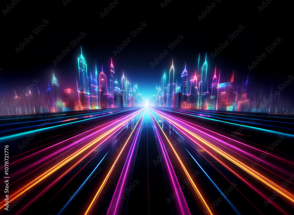 A neon cityscape with bright, glowing lines representing the roads.
